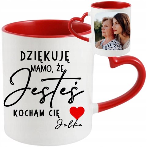 KUBEK Z UCHEM SERCE CZERWONY Z WŁASNYM NADRUKIEM I ZDJĘCIEM KUBEK Z UCHEM SERCE CZERWONY Z WŁASNYM NADRUKIEM I ZDJĘCIEM