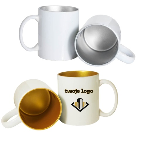 KUBEK KLASYCZNY ZE SREBRNYM ŚRODKIEM I NADRUKIEM LOGO 330 ml