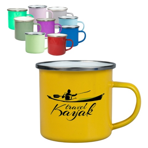 KUBEK STALOWY EMALIOWANY Z NADRUKIEM RÓŻNE KOLORY 300 ml